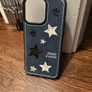 Blue Fabric Phone Case with Star Motifs and Camera Cutout